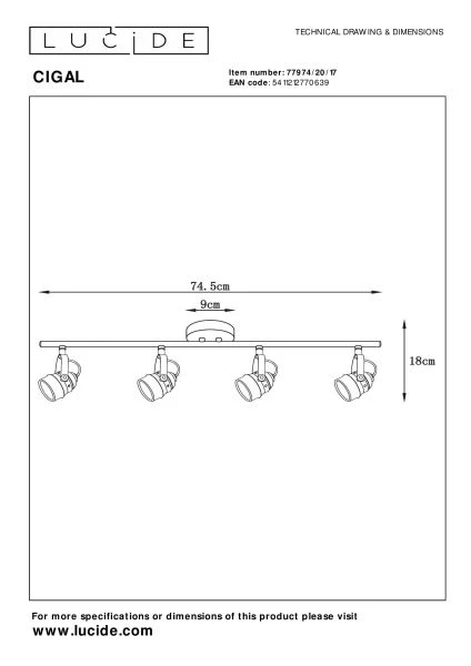 Lucide CIGAL - Plafondspot - LED - GU10 - 4x5W 2700K - Koper - technisch